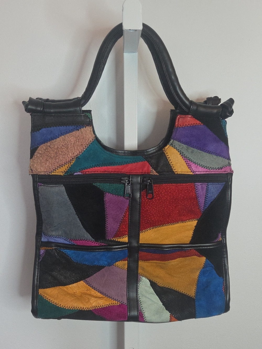 VTG La Covina Genuine Leather Patchwork Tote Shoulder Bag Multicolor 90s Boho